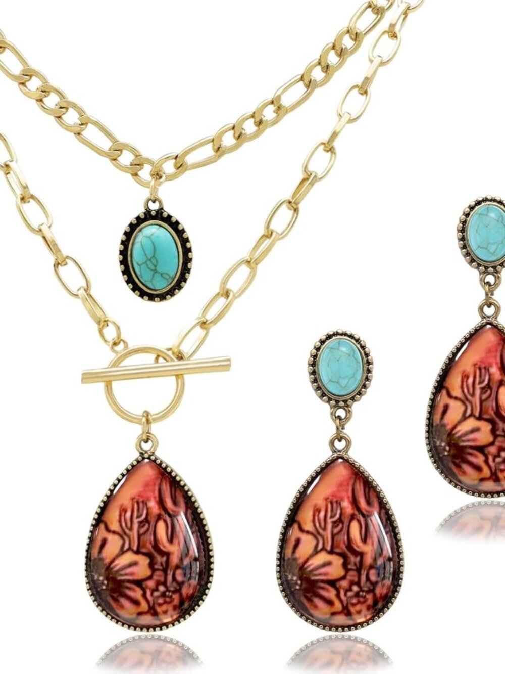 3 Pcs Western Turquoise Jewelry for Women Bohemian Set Cactus Turquoise Necklace